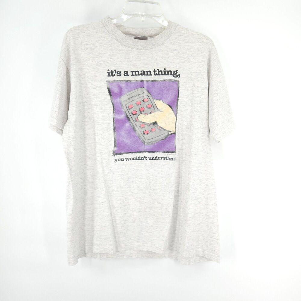 Vintage Single Stitch T Shirt Mens Large Remote Control A Man Thing Grey 90s TV